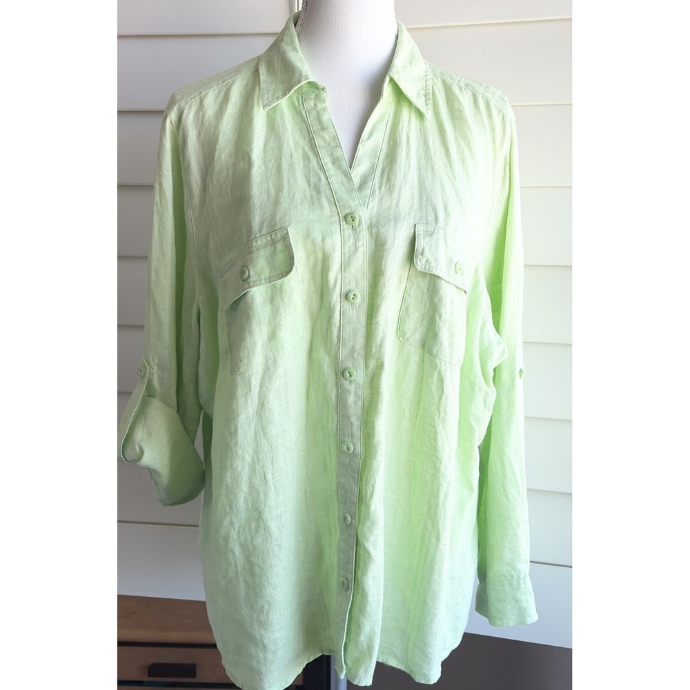 Studio Works Woman 100% Linen Button Front Shirt Lime Green 2X‎ Roll Tab Sleeve